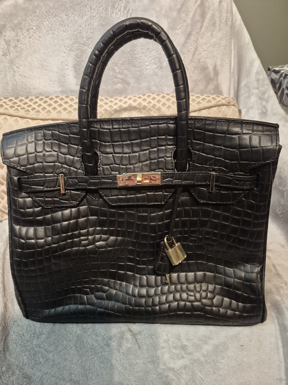 Black Croc-Embossed Shoulder Tote